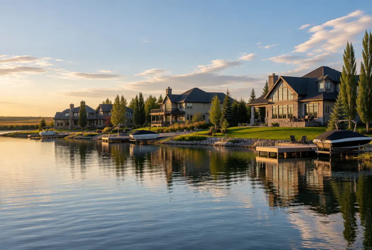 Lakeside homes in Chestermere, Alberta at sunset