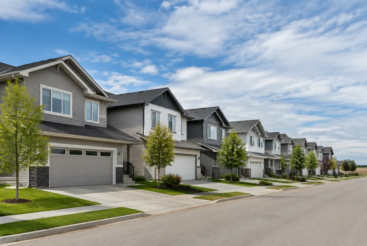 Row of newer homes with attached garages in NE Calgary