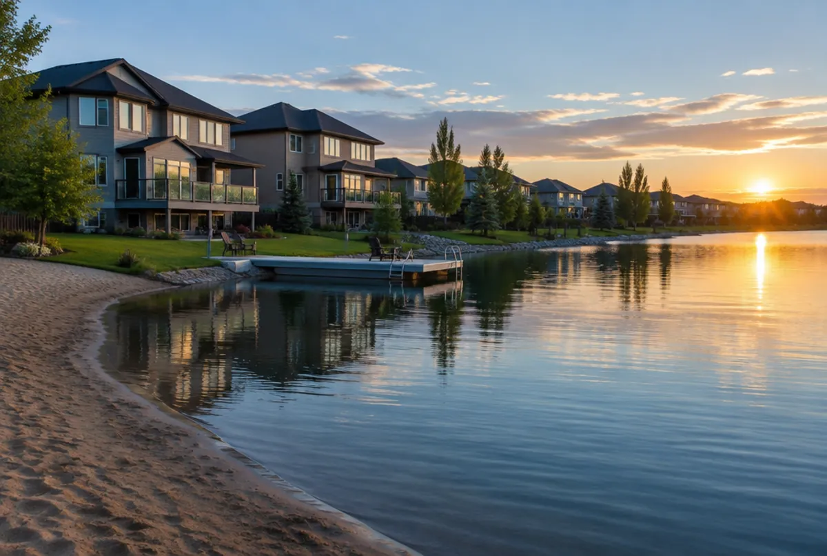 Lake community homes in SE Calgary at sunset
