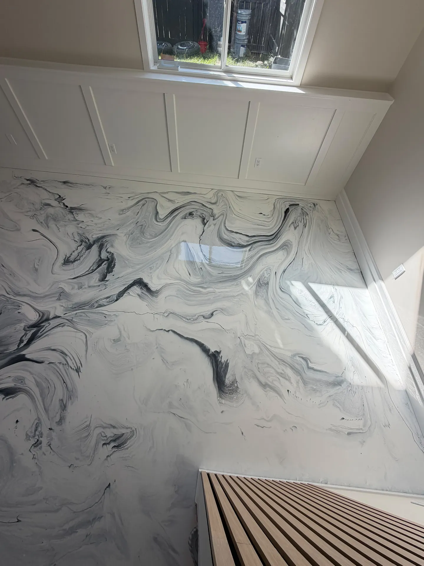 White and black marble metallic epoxy floor, by Westside Mogul Resin in Calgary